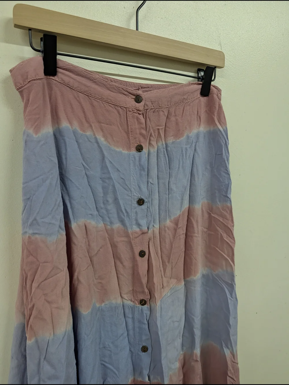 RAGA Striped Button-Front Rayon Maxi Skirt in Pink and Light Blue Tie Dye Small